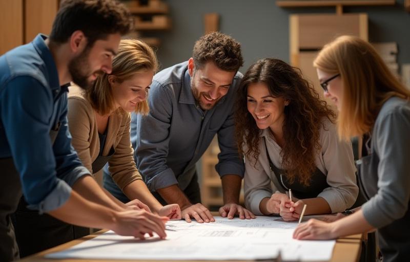 Diverse team members collaborating in a design studio